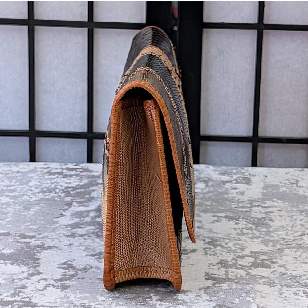 Carlos‎ Falchi Patchwork Leather Clutch Handbag Brown Black Tan Exotic Skin